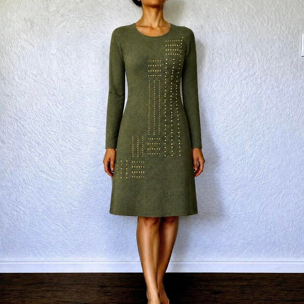 VTG 90s Steve Fabrikant Olive Green Wool Studded Fall Evening Dress USA Made M